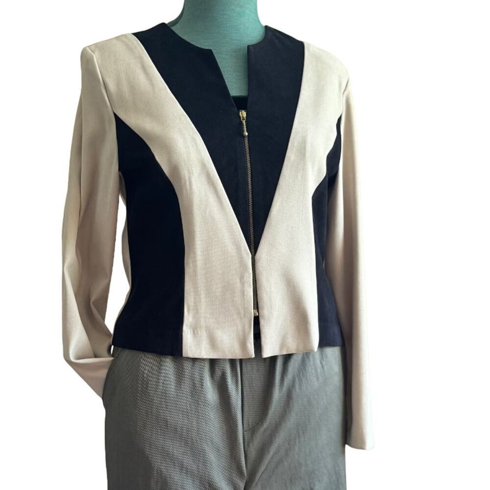 Vintage Amanda Smith Zip Up Blazer Color Block in Black and Beige Size 12